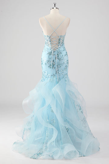 Sky Blue Mermaid Spaghetti Straps Sequin Corset Long Formal Dress with Ruffles